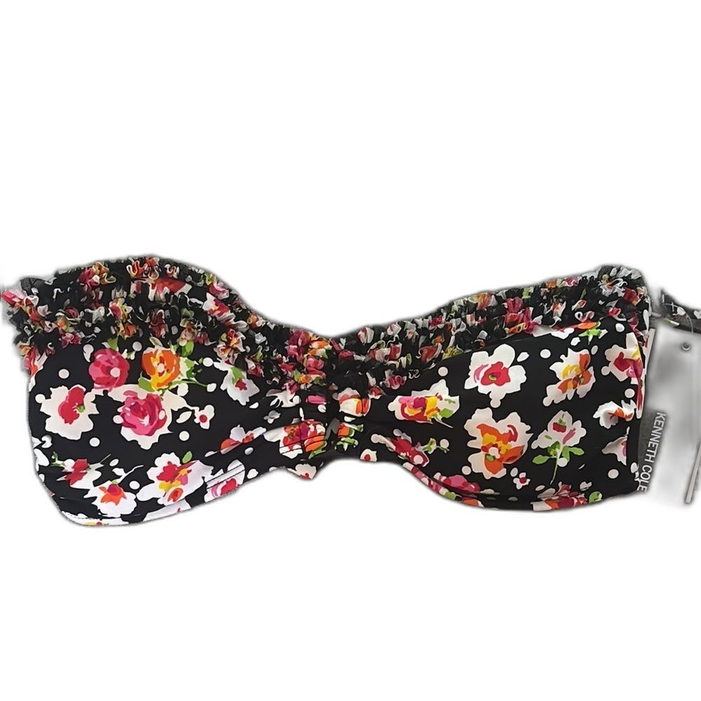 Kenneth Cole Floral Bandeau Bikini Top NWT Black Red Vibrant Print Size Small